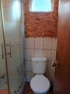 La salle de bains est pourvue de toilettes, d'une douche et d'une fenêtre. dans l'établissement Cabaña pumillahue rural, à Ancud
