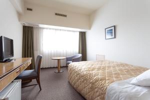 a hotel room with a bed and a television at Art Hotel Narita in Narita