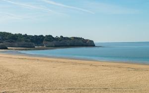 une plage de sable avec l'océan et les rochers en arrière-plan dans l'établissement Lagrange Vacances Les Maisons de Saint Georges, à Saint-Georges-de-Didonne