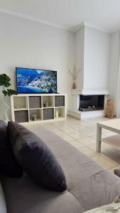 a living room with a couch and a flat screen tv at Ivanna apartment in Nea Moudania