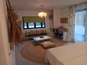 uma sala de estar com um sofá e uma mesa em Mamy Cherie em Rodrigues Island