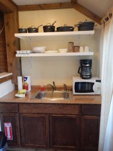eine Küche mit einer Spüle und einer Mikrowelle in der Unterkunft Belles Sea Inn in Port Aransas