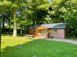 a small cabin in a yard with a picnic table at The Applewood Lodge in Heytesbury