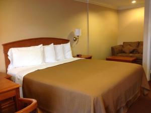 Cette chambre comprend un grand lit et une chaise. dans l'établissement Hyland Motel Van Nuys, à Van Nuys