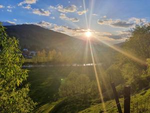 a sun shining down on a field with trees and a field at Casa Aureliana in Ciocăneşti