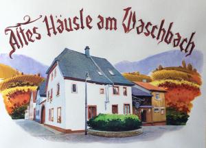a painting of a white house with the words alive inside an usagi at Altes Häusle am Waschbach-Weinberg in Edenkoben