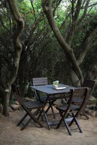 una mesa de picnic y dos sillas en un bosque en Eco Spirit, en Tarifa