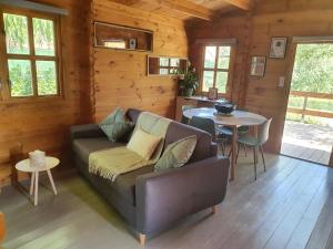 ein Wohnzimmer mit einem Sofa und einem Tisch in der Unterkunft DOMAINE DES GALLINACES CHALET SUSSEX 2-4p in Marigny-lès-Reullée