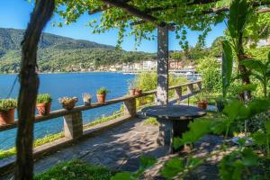 a bench on a fence with a view of a lake at La Finestra Blu by Quokka 360 - with a panoramic lake view in Ponte Tresa