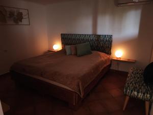 a bedroom with a large bed with two lamps at Apartman Dunav in Aljmaš
