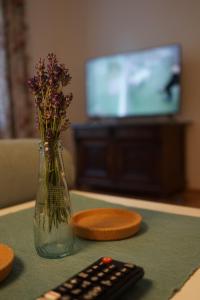 un vaso di vetro con fiori e un telecomando su un tavolo di Landhaus im Hartbergerland a Hartberg