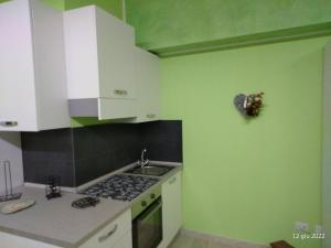a green kitchen with a sink and a stove at ALLOGGIO VERDE nel CUORE DI SORIANO in Soriano nel Cimino