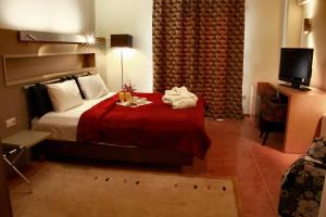 エデッサにあるAigai Hotelのベッドとテレビが備わるホテルルームです。
