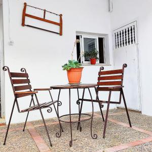 two chairs and a table with a potted plant on it at Casa Rural Maribel in Santa Amalia