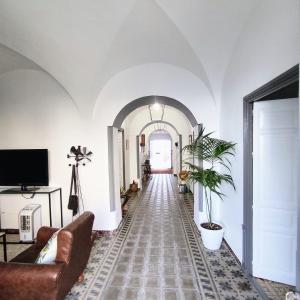 Santa Amalia的住宿－Casa Rural Maribel，一条带白色墙壁的走廊和一条种植了植物的走廊