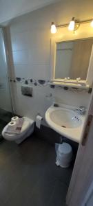 a bathroom with a sink and a toilet and a mirror at Hotel Agnadi in Amorgos