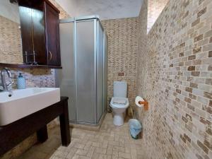 a bathroom with a shower and a toilet and a sink at 1882 Hotel in Alaçatı +20 photos