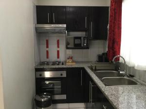 a kitchen with black cabinets and stainless steel appliances at Goodey's Guesthouse in Pretoria