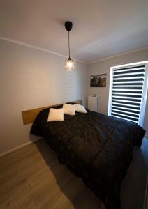 a bedroom with a bed with pillows and a window at Wyspa Uznam Sun Tower in Świnoujście