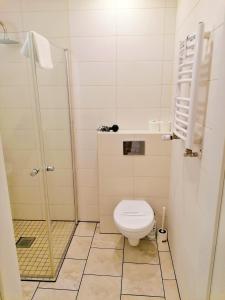 a small bathroom with a toilet and a shower at 3K - Island in Świnoujście