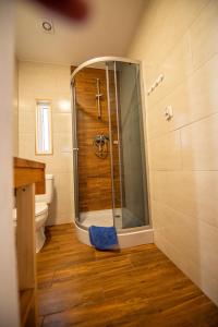 a bathroom with a shower and a toilet at Siedlisko 14 Chata in Mikołajki