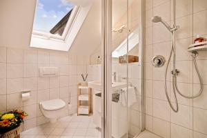 a bathroom with a shower and a toilet and a sink at Ferien-Apartment Seewiesen - mit priv Strandzugang in Friedrichshafen