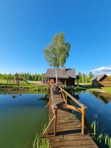 a wooden bridge over a lake with a house at Atpūtas māja STIRNA in Zilāni