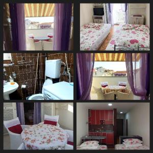 uma colagem de fotos de um quarto com duas camas em Sunčani apartman 1-Vila Amfora em Budva