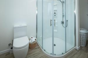 Un baño con inodoro y ducha de cristal. en Grand View - Te Anau Holiday Home, en Te Anau