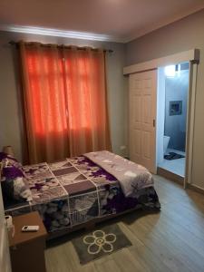 a bedroom with a bed and an orange curtain at Nivi Cosy Appartment in Flic-en-Flac