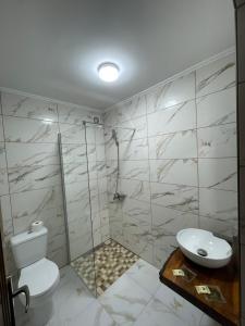 a bathroom with a shower and a toilet and a sink at Silver Mountain Villa Colibita in Colibiţa +16 photos