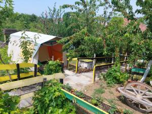 Angelinin Konak في نيجوتين: حديقة فيها خيمة وبعض النباتات