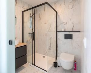 a bathroom with a glass shower and a toilet at Superbe Appartement avec Parking in Malmedy