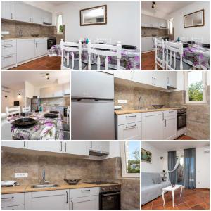 a collage of photos of a kitchen with white cabinets at Kuca za odmor Vila Agnes in Županje +8 photos