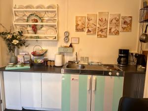 uma cozinha com um lavatório e uma bancada em Tiny House Marielyst em Bøtø By