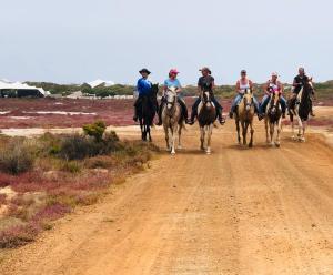 a group of people riding horses down a dirt road at Rooisee in Yzerfontein