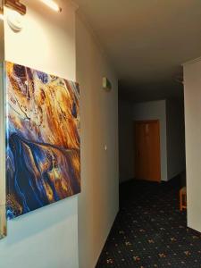 a painting hanging on a wall in a hallway at Hotel Duet in Piteşti