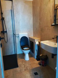 a bathroom with a toilet and a sink at Hotel Duet in Piteşti