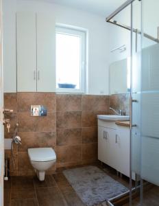 a bathroom with a toilet and a sink at Solomon Apartments ap 1 in Sângeorgiu de Mureș