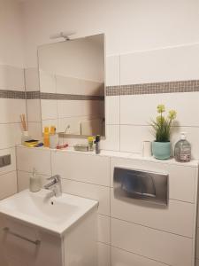 une salle de bain blanche avec un lavabo et un miroir dans l'établissement Ferienwohnung im kuhlen Allgäu, à Missen-Wilhams