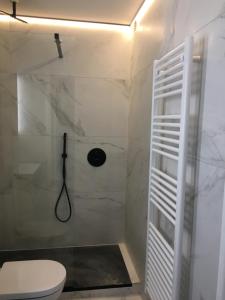 een witte badkamer met een toilet en een douche bij Studio 4 pers met Frontaal Zeezicht & privé zwembad Oostende in Oostende