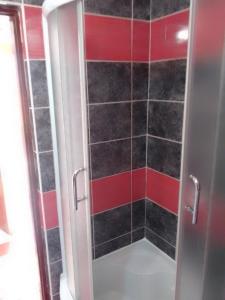 y baño con ducha y azulejos rojos y negros. en Apartman Zaga, en Trebinje
