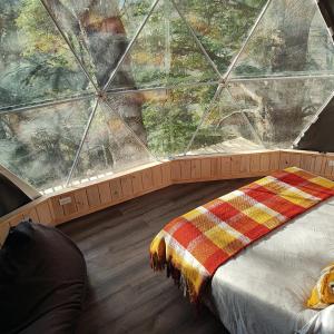 a room with a large window with a bed in front of it at Malalcahuello Eco Glamp in Malalcahuello