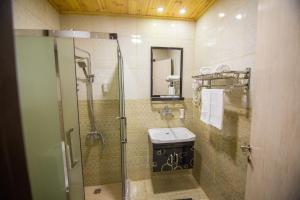 bagno con doccia in vetro e lavandino di Grape Village Hotel ad Amman