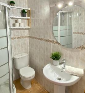 een badkamer met een toilet, een wastafel en een spiegel bij Gust De Sal in Denia