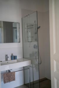 a bathroom with a shower and a sink and a mirror at Ferienwohnung Sandwirtin in Schwanberg
