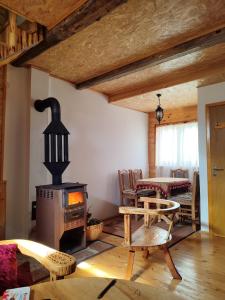 a living room with a wood stove and a table at Golden Wood House in Žabljak