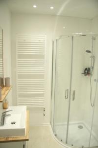 a bathroom with a shower and a sink at Ferienwohnung Bellmann in Prinzenmoor