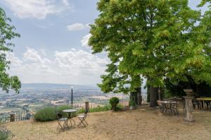 einen Tisch und Stühle unter einem Baum auf einem Hügel in der Unterkunft Residenza Messer Pajola in Assisi