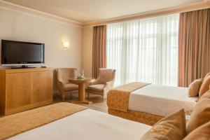 a hotel room with two beds and a flat screen tv at Gran Hotel Los Abetos in Santiago de Compostela